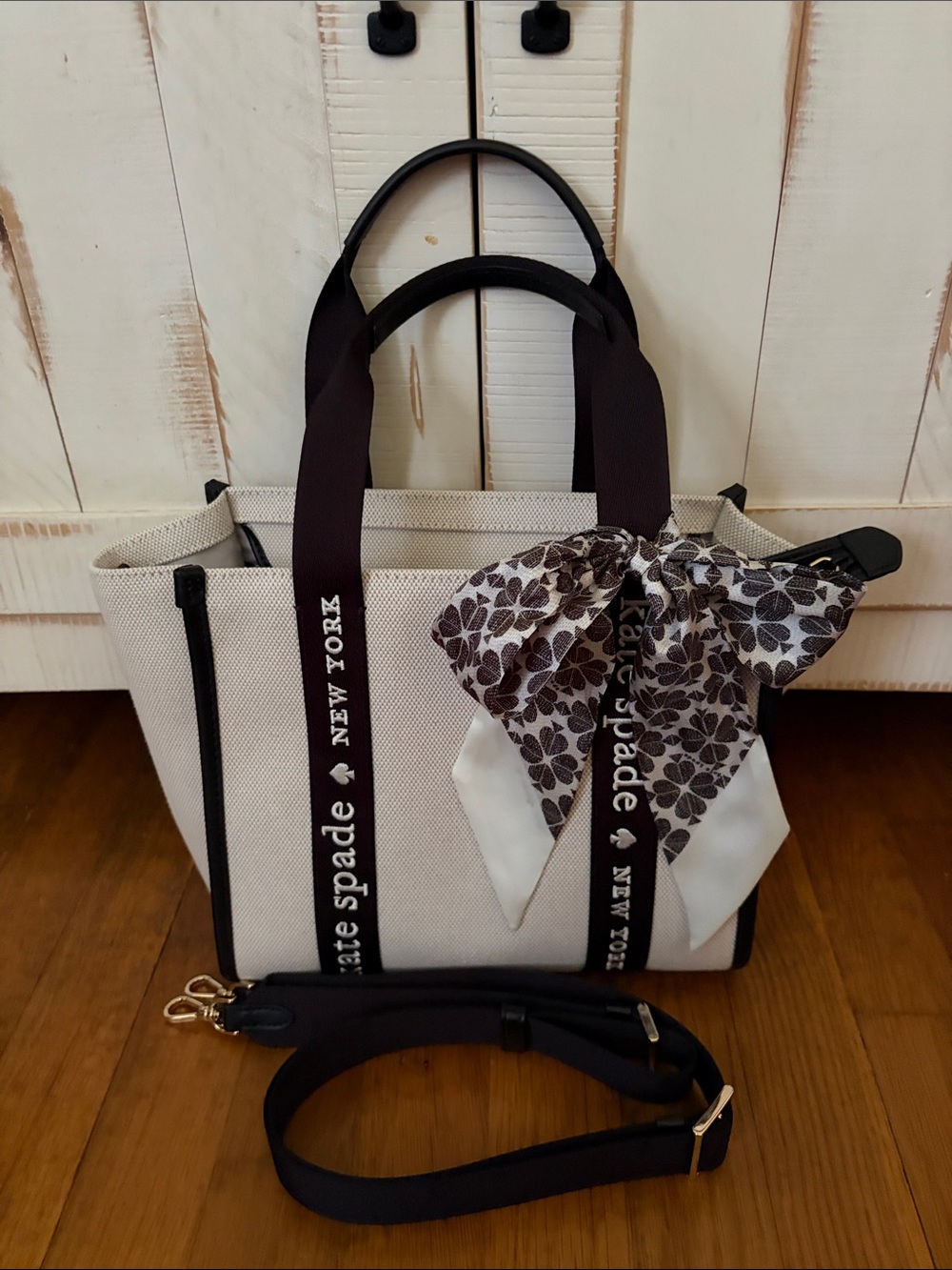kate spade Cream Canvas Tote with Black Trim and Floral Bow
